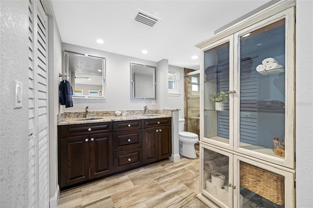 bathroom with vanity, an enclosed shower, and toilet