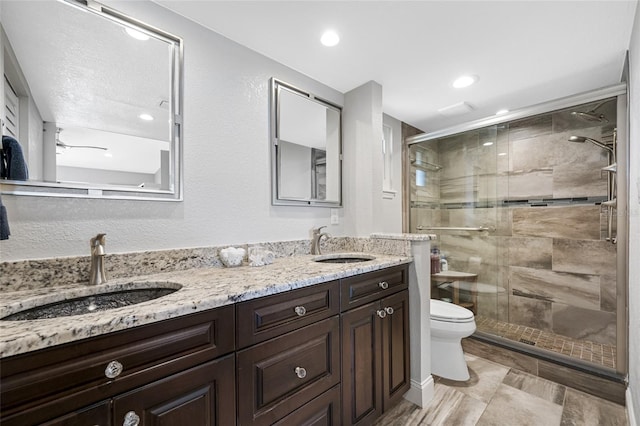 bathroom with vanity, a shower with door, and toilet