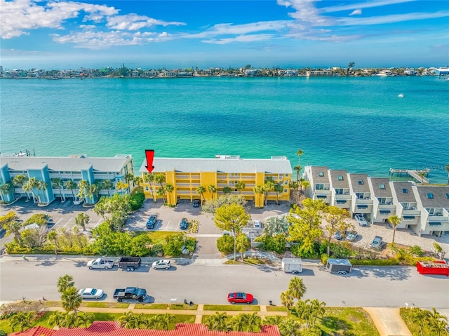 drone / aerial view with a water view