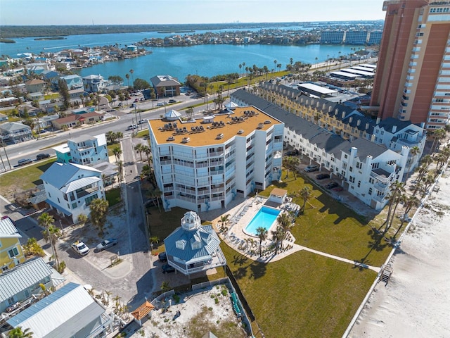 bird's eye view with a water view