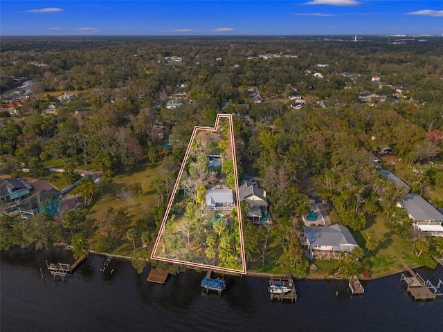 birds eye view of property with a water view and a view of trees