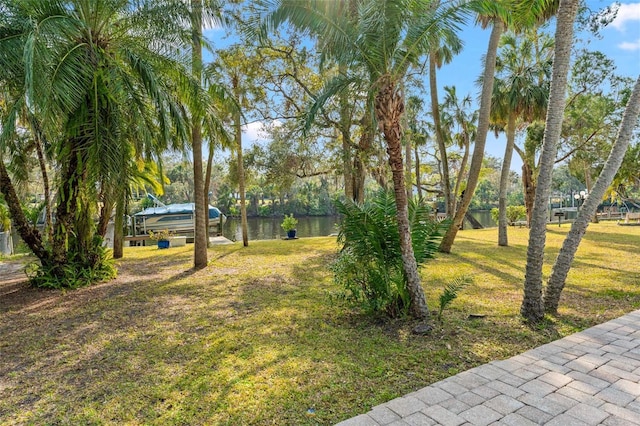 view of yard with a dock and a water view