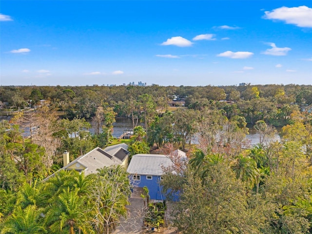 aerial view featuring a water view and a wooded view