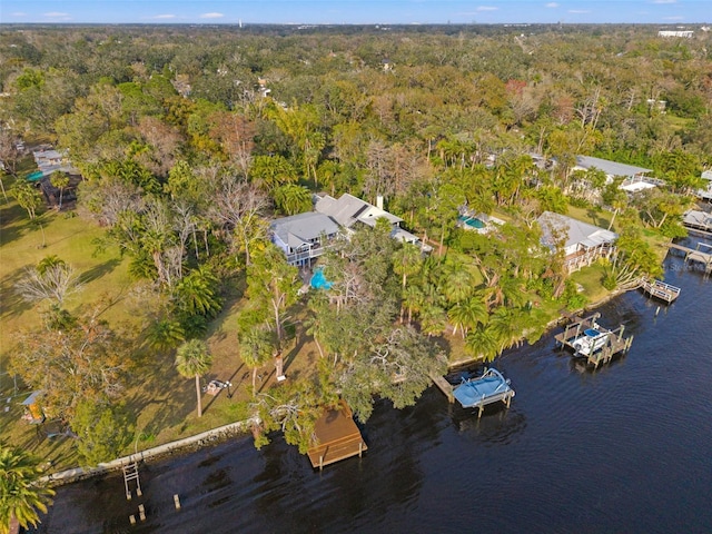 birds eye view of property featuring a water view and a forest view