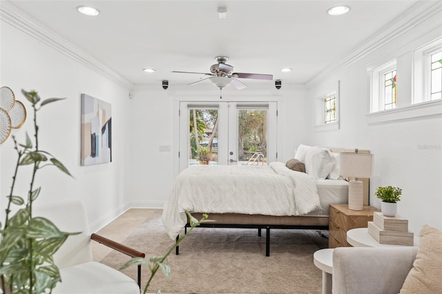 bedroom featuring access to exterior, french doors, ornamental molding, and baseboards