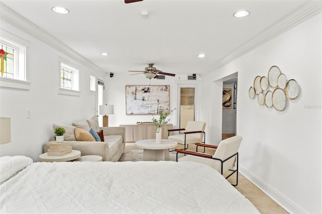 bedroom with baseboards, ceiling fan, ornamental molding, a spacious closet, and recessed lighting