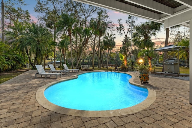 pool at dusk featuring a patio area, an outdoor pool, and grilling area