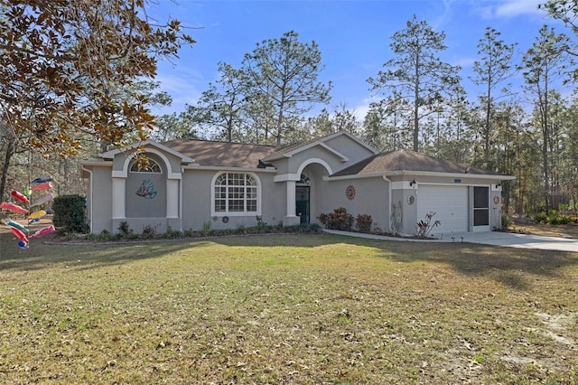 ranch-style home with a garage and a front lawn