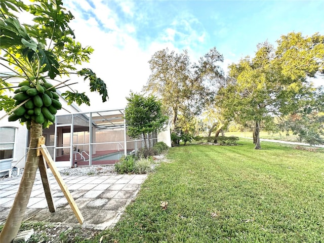 view of yard with a patio and glass enclosure