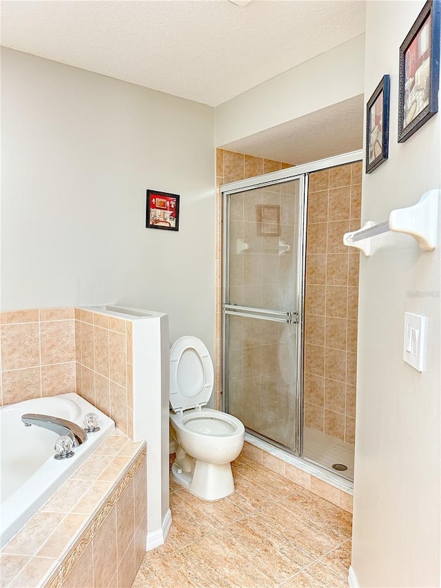 bathroom featuring tile patterned flooring, plus walk in shower, a textured ceiling, and toilet