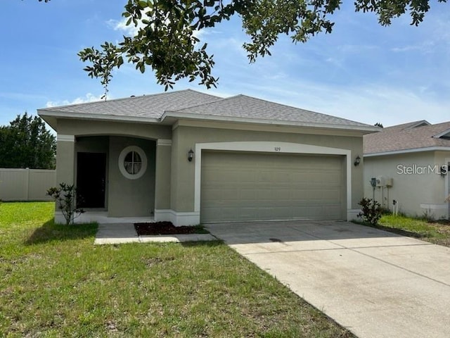 single story home with a front yard, an attached garage, fence, and stucco siding