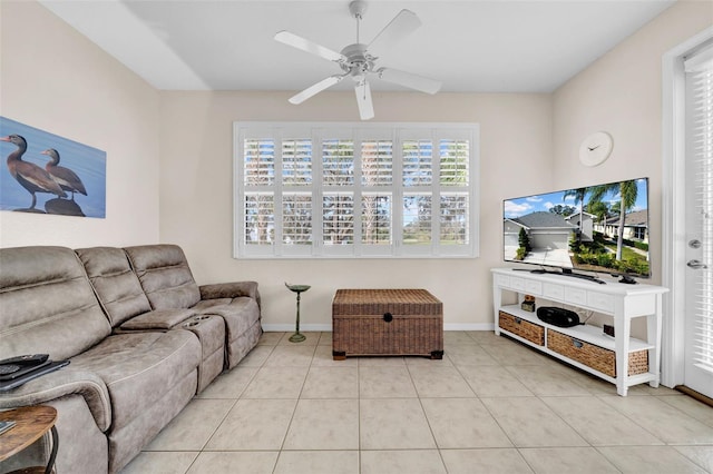 living room with light tile patterned flooring and ceiling fan