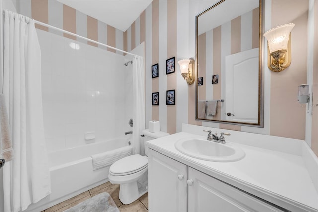 full bathroom featuring toilet, vanity, shower / bathtub combination with curtain, and tile patterned flooring