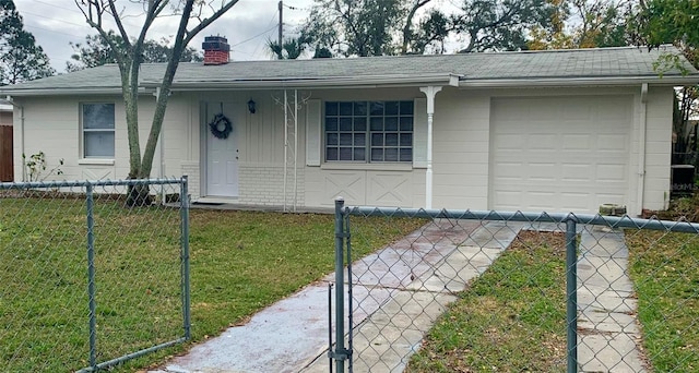 single story home featuring a fenced front yard, a front yard, a garage, brick siding, and a chimney