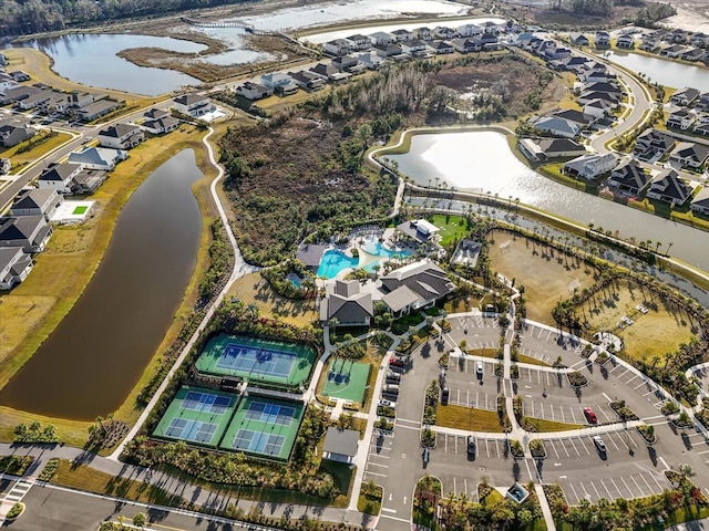 aerial view featuring a water view