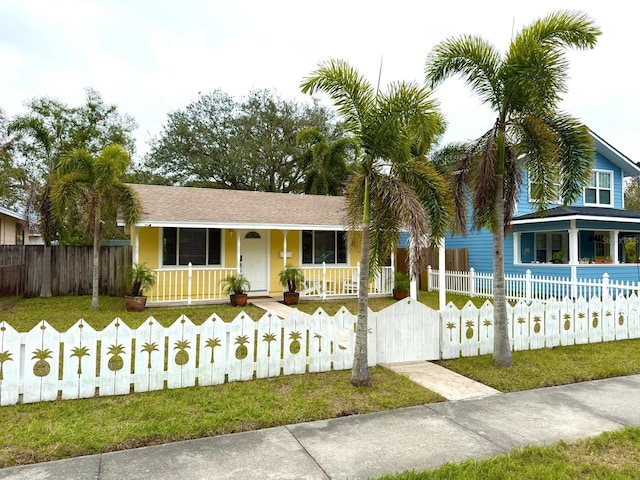 single story home featuring covered porch, a fenced front yard, and driveway