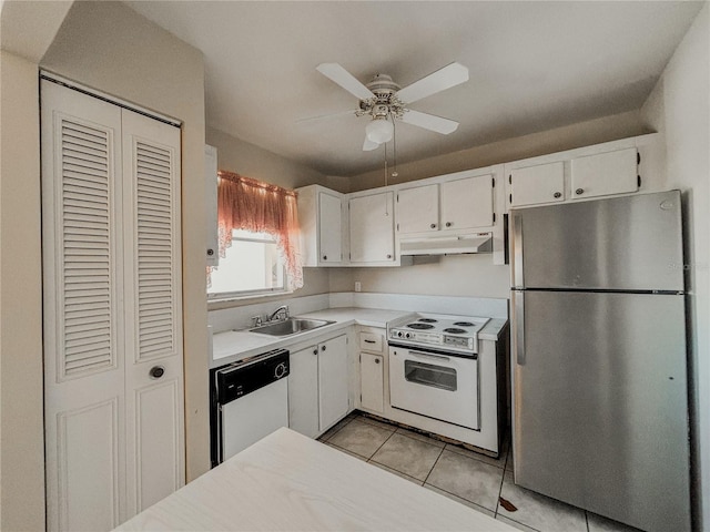 kitchen featuring ceiling fan, sink, white cabinets, and white appliances