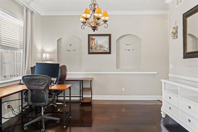 home office featuring ornamental molding, dark hardwood / wood-style floors, and a chandelier