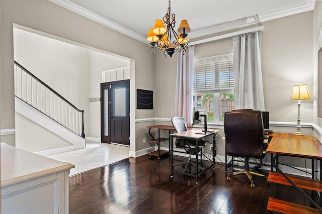 office with hardwood / wood-style flooring, ornamental molding, and an inviting chandelier