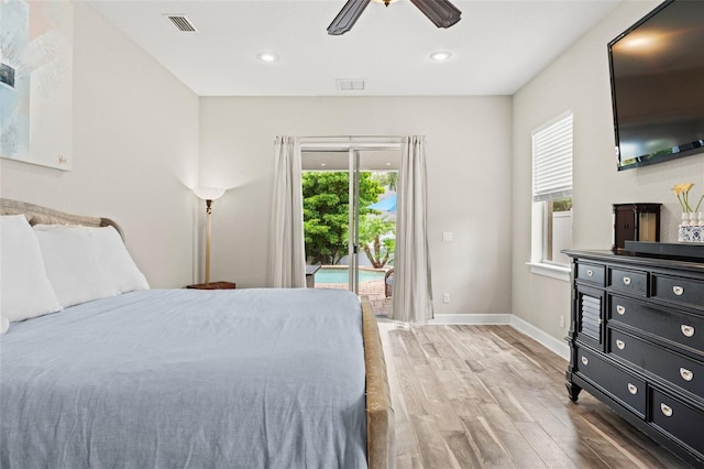 bedroom featuring wood-type flooring, access to outside, and ceiling fan