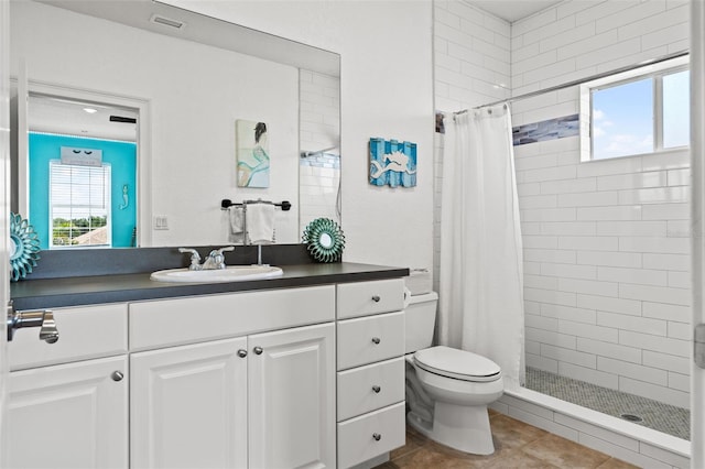 bathroom featuring vanity, plenty of natural light, toilet, and walk in shower