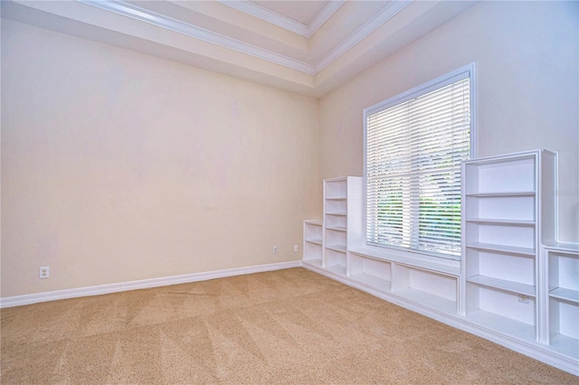 empty room with crown molding and light colored carpet