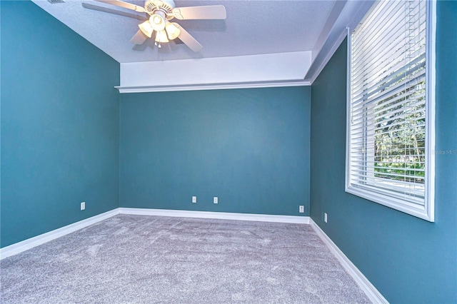 empty room featuring ceiling fan, carpet, and a textured ceiling