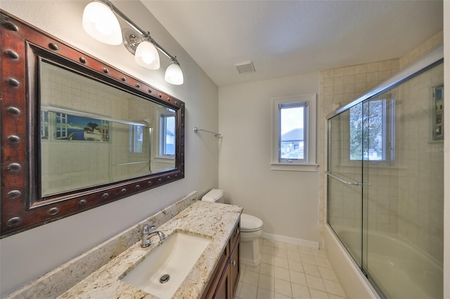 full bath featuring baseboards, visible vents, toilet, tile patterned flooring, and vanity