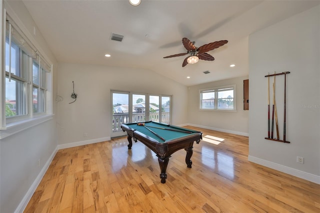 rec room featuring light wood-style flooring, billiards, visible vents, baseboards, and vaulted ceiling