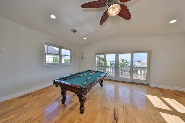 recreation room with visible vents, plenty of natural light, light wood-style flooring, and billiards