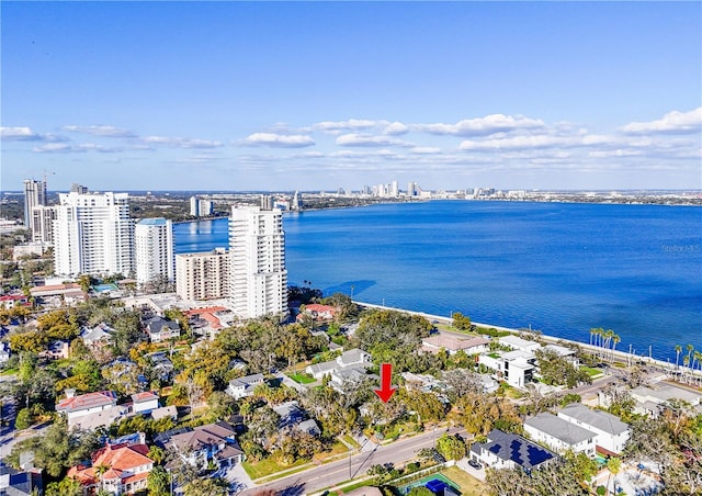 drone / aerial view with a water view