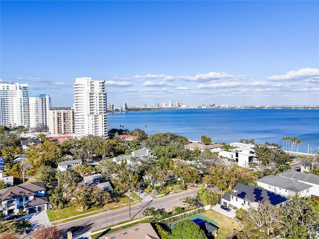 bird's eye view with a water view