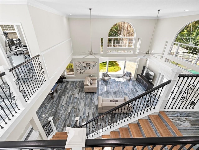 stairway featuring a towering ceiling, ornamental molding, ceiling fan, and hardwood / wood-style flooring