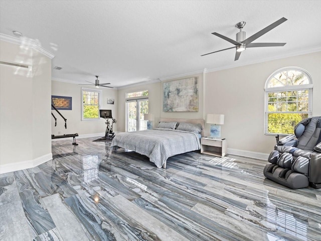 bedroom featuring ceiling fan, ornamental molding, and a textured ceiling