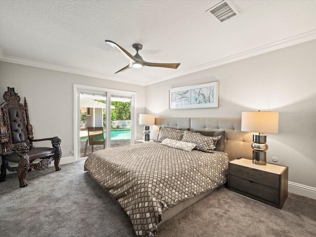 carpeted bedroom with crown molding, ceiling fan, access to exterior, and a textured ceiling