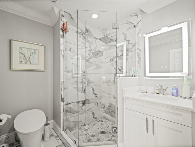 bathroom featuring walk in shower, ornamental molding, and vanity