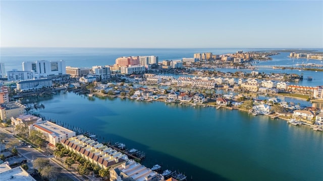 bird's eye view with a water view