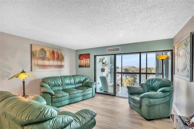 living room with light hardwood / wood-style flooring and a textured ceiling