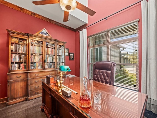 office space featuring crown molding, ceiling fan, and dark hardwood / wood-style flooring