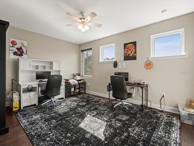 office space featuring dark wood-type flooring and ceiling fan