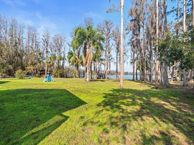 view of yard featuring a playground and a water view