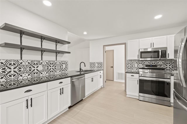 kitchen featuring sink, decorative backsplash, stainless steel appliances, and white cabinets