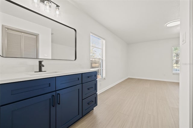 bathroom featuring plenty of natural light, wood-type flooring, and vanity