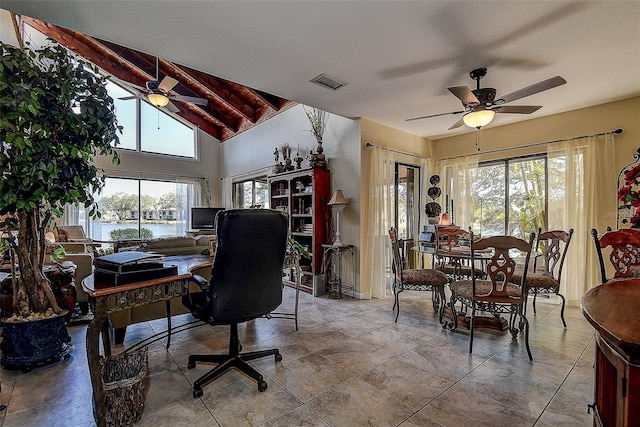 office area with ceiling fan and high vaulted ceiling