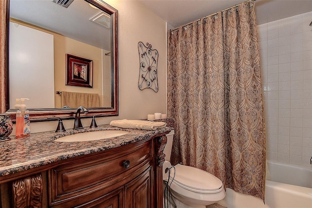 full bathroom featuring vanity, toilet, and shower / bathtub combination with curtain