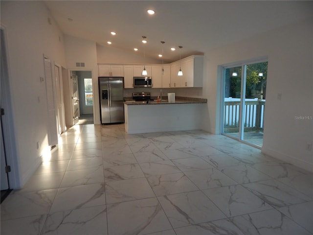 kitchen with white cabinetry, decorative light fixtures, high vaulted ceiling, kitchen peninsula, and stainless steel appliances