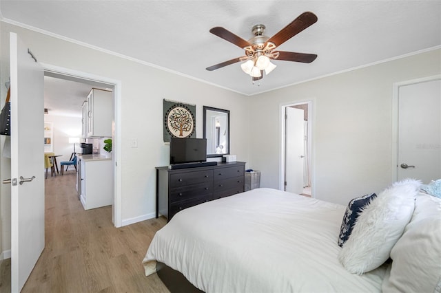 bedroom with ceiling fan, ornamental molding, and light hardwood / wood-style flooring