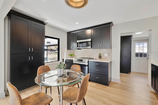 kitchen featuring tasteful backsplash, light hardwood / wood-style flooring, and stainless steel appliances