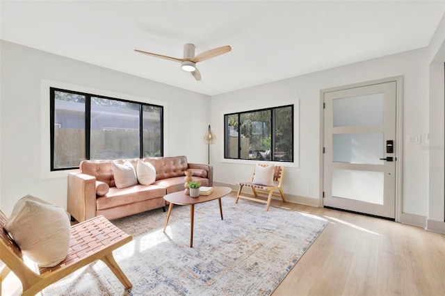 living room featuring ceiling fan and light hardwood / wood-style floors