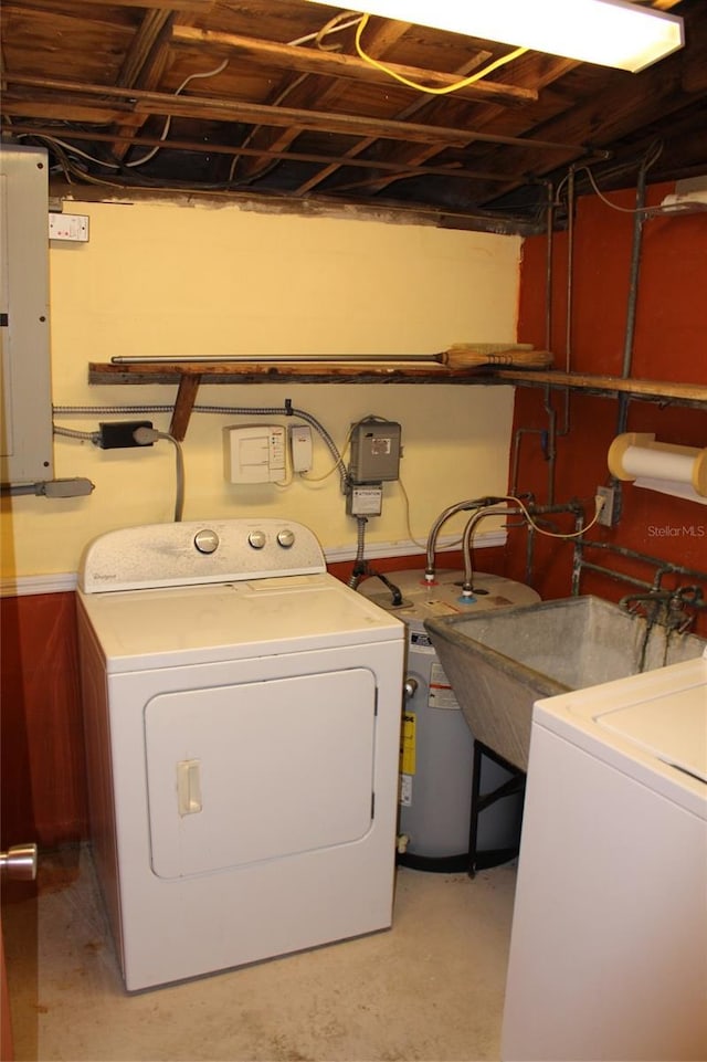 washroom featuring sink, electric panel, and water heater